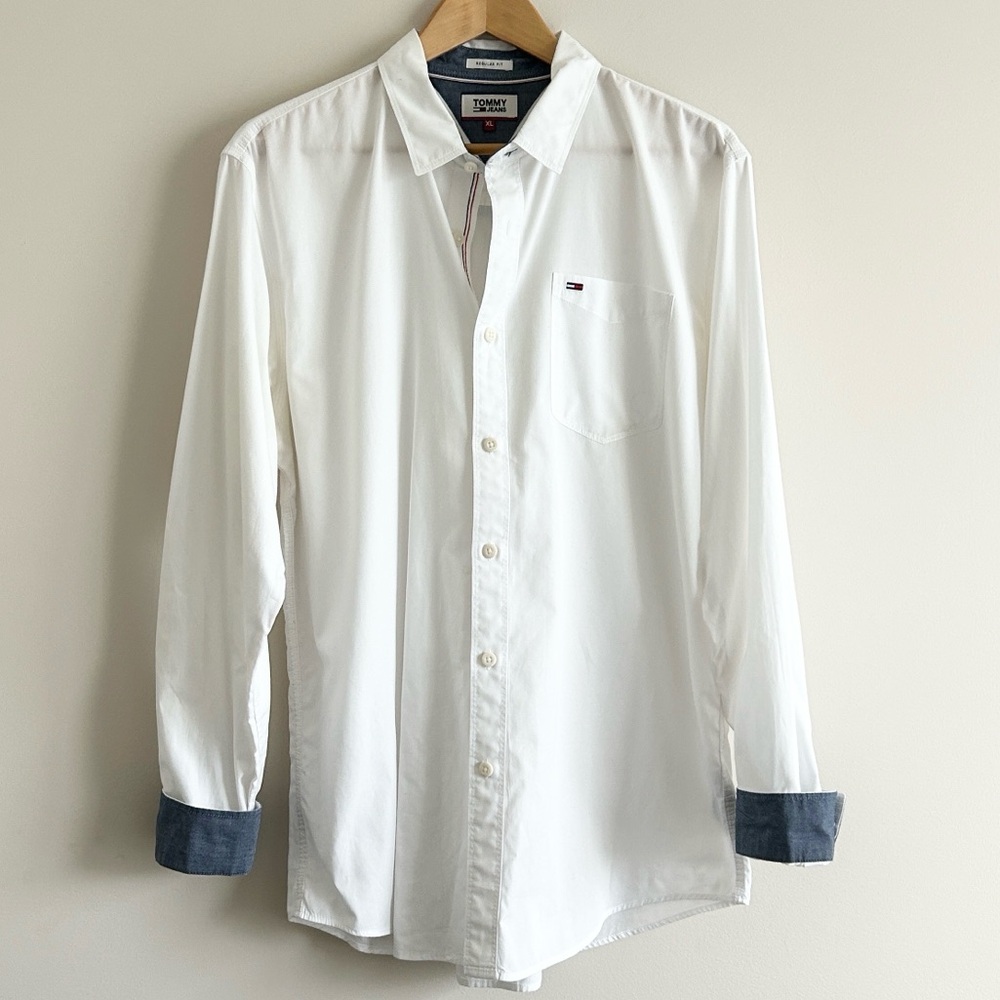Tommy Hilfiger White Denim Chambray Cuff Button Down Dress Shirt Regular Fit XL - Picture 9 of 9